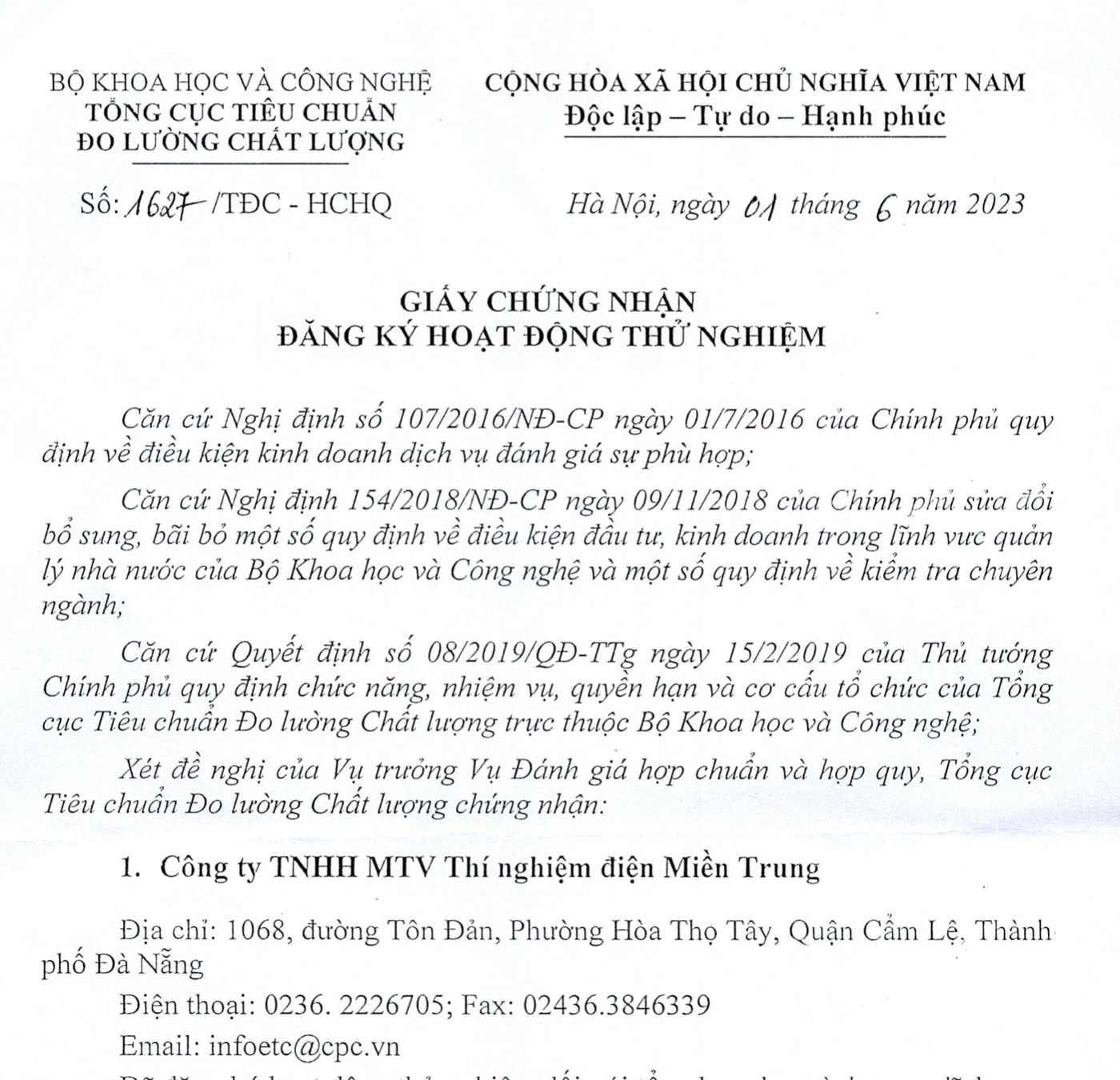 Chứng nhận hoạt động thử nghiệm